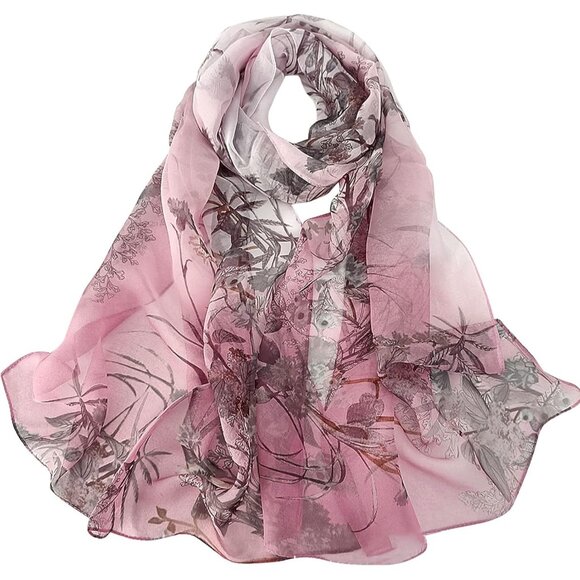 Women's Grass Pink Fashion Lightweight Head Scarf Floral Print Chiffon Scarves - Picture 1 of 7